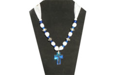 Clear Cross pendant with sheer white and gray fabric
