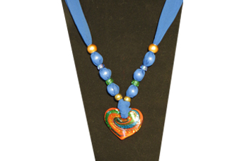 Indigo blue sheer fabric necklace with multi-color red heart pendant