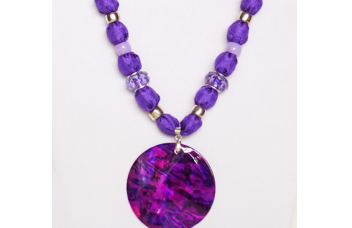 Purple silky necklace with round purple shell pendant