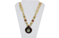 Vintage style necklace with ivory lacy fabric and round glass pendant