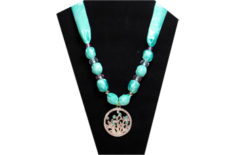 Sea green necklace with silky fabric and silver metal with sea theme